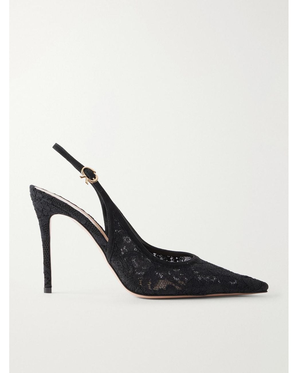 Gianvito Rossi Black Sofia 95 Suede-Trimmed Lace Slingback Pumps