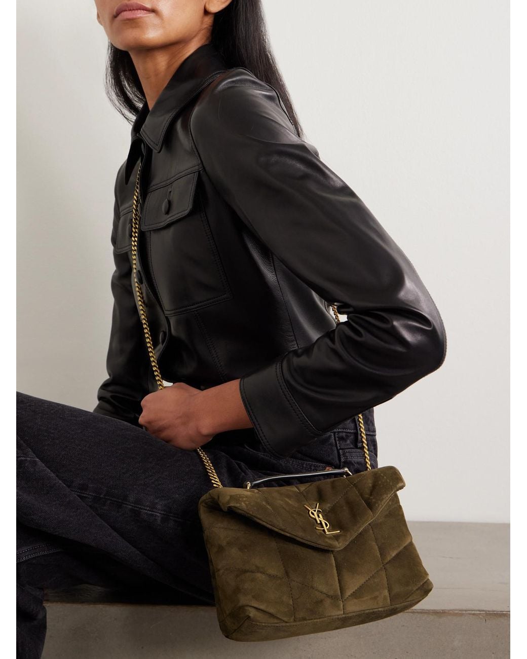 Saint Laurent Brown Toy Puffer Matelassé Leather-Trimmed Suede Shoulder Bag