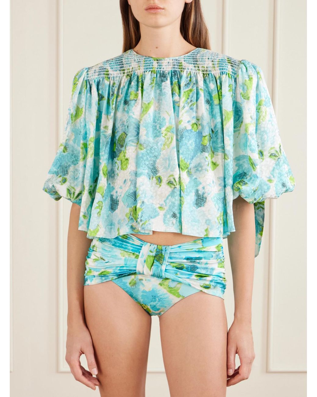 Chloé Blue Ruched Floral-Print Bikini Briefs