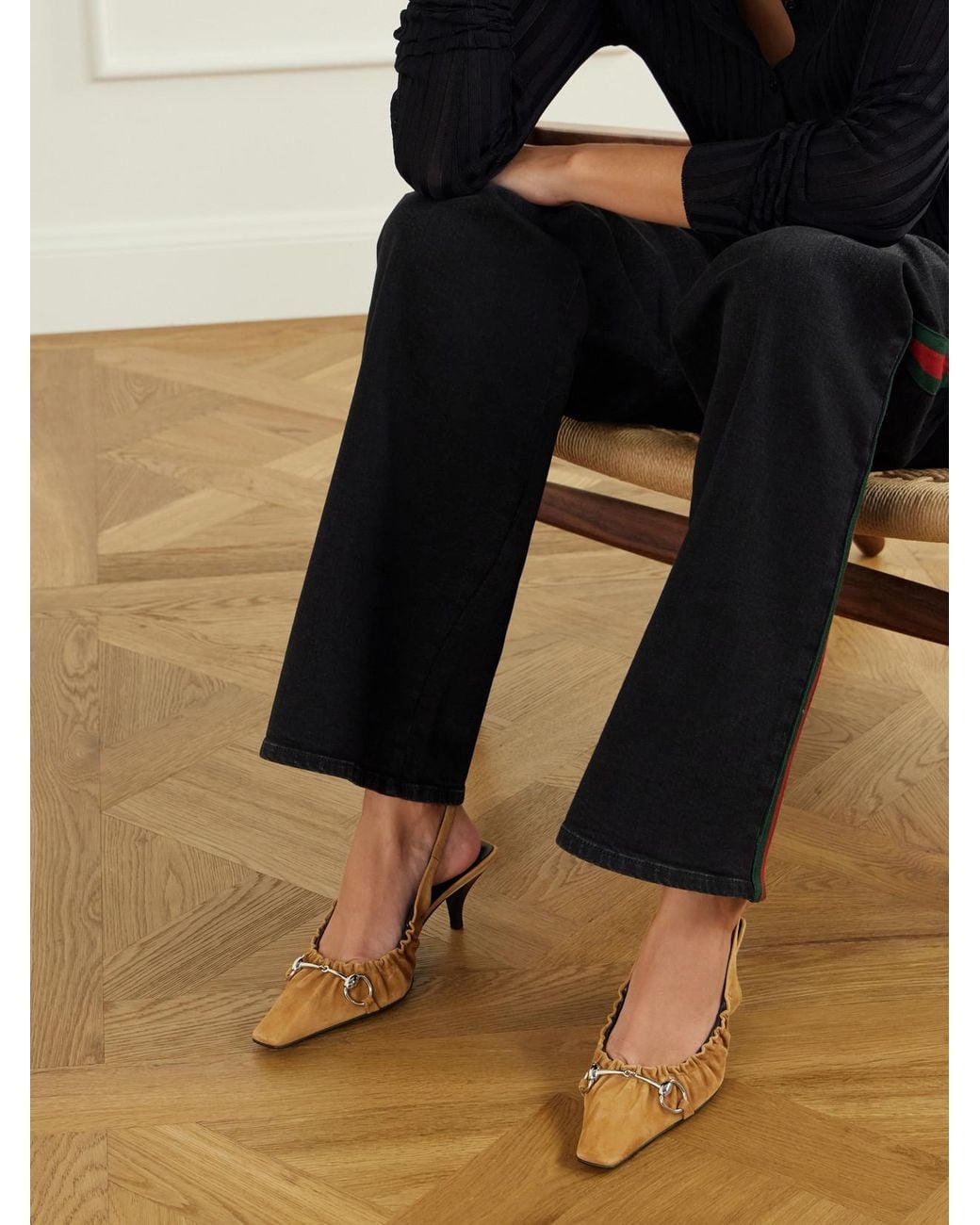 Gucci Natural Vittoria 55 Horsebit-Embellished Suede Slingback Pumps
