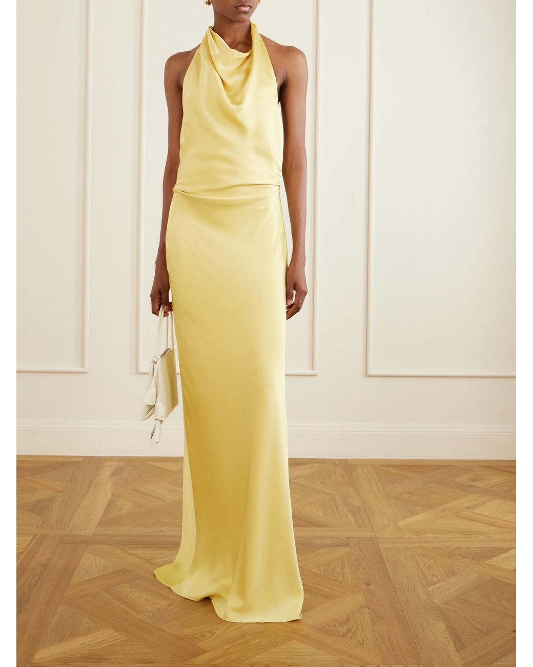 Jonathan Simkhai Yellow Reannon Draped Satin Halterneck Gown