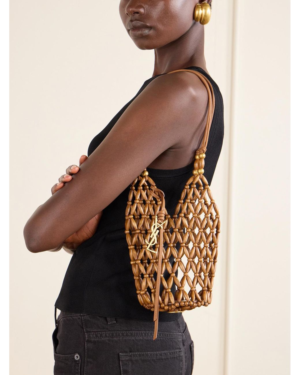 Saint Laurent White Cassandre Mini Beaded Wood Bucket Bag