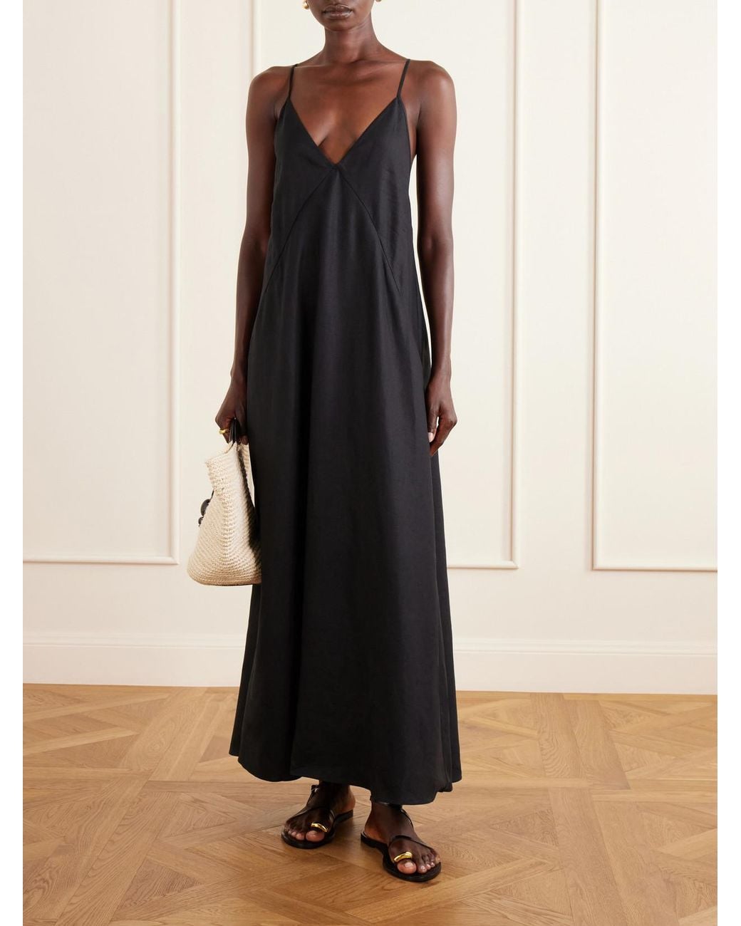 Another Tomorrow Black Knotted Paneled Linen Maxi Dress