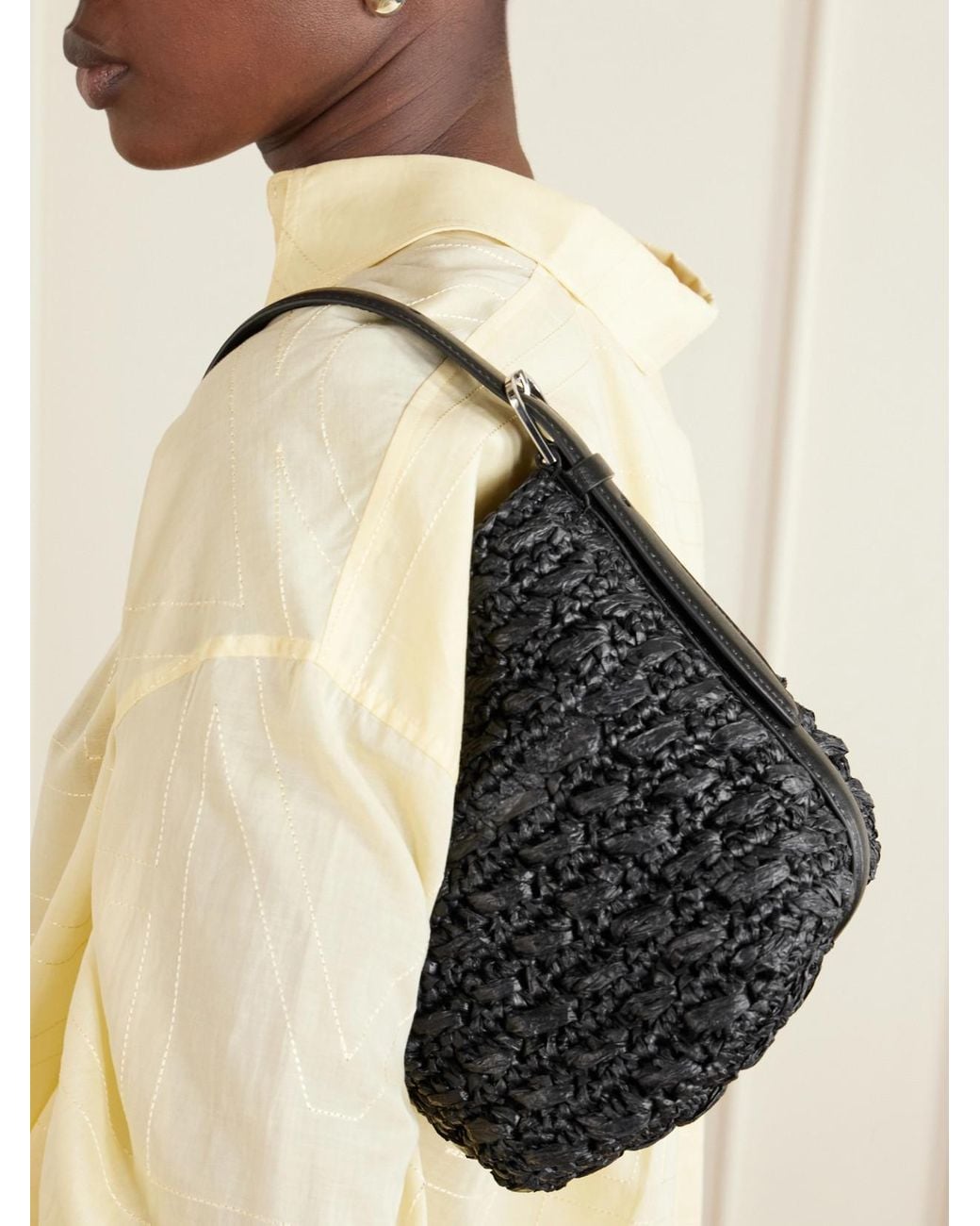 Totême Black Belted Small Leather-Trimmed Raffia Shoulder Bag