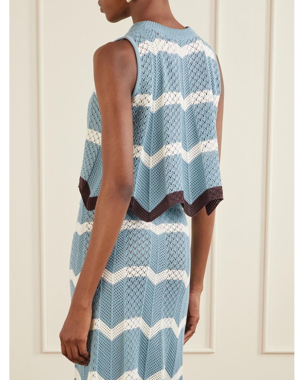 LaDoubleJ Blue Scalloped Striped Pointelle-Knit Cotton Tank