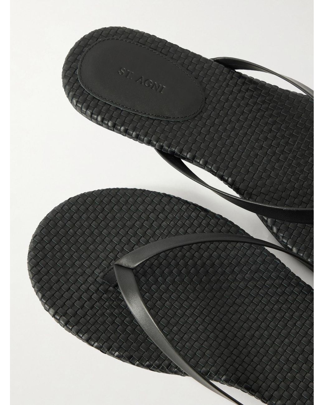 St. Agni Black Woven Leather Flip Flops