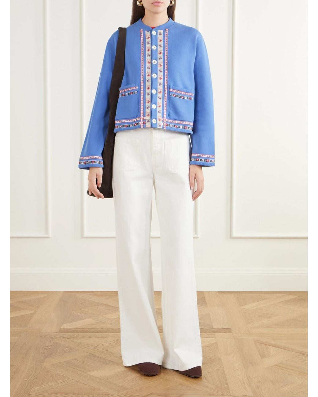 Bode Blue Jacquard-Trimmed Cotton-Jersey Cardigan