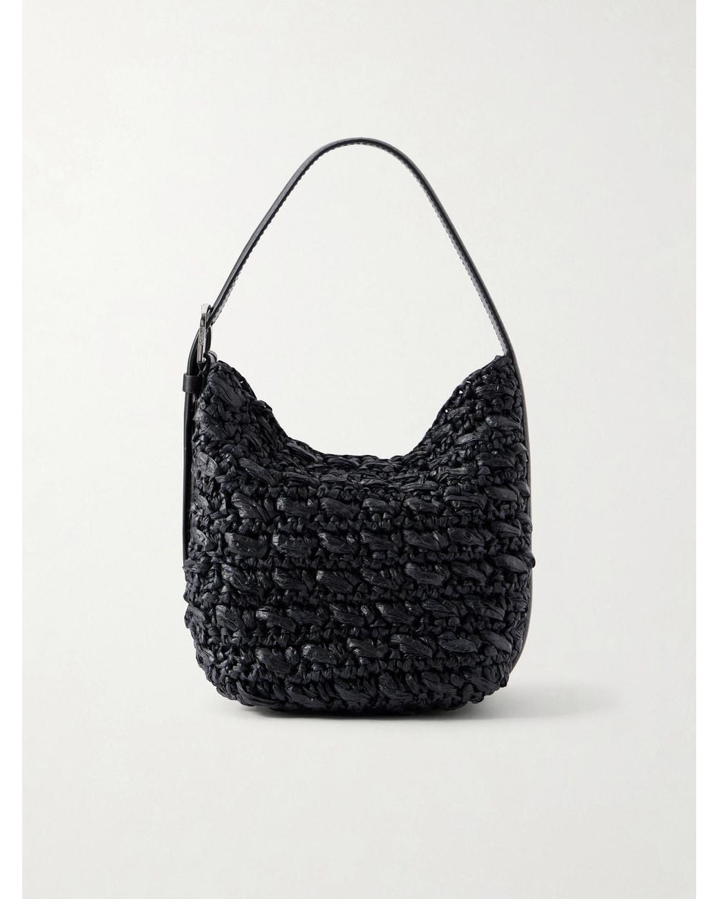 Totême Black Belted Small Leather-Trimmed Raffia Shoulder Bag