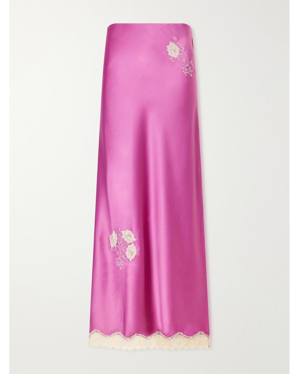 Anna Sui Pink Lace-Trimmed Embroidered Satin Maxi Skirt