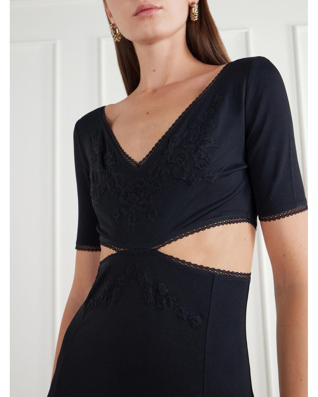 Rabanne Black Cut-Out Lace-Trimmed Crepe-Satin Maxi Dress
