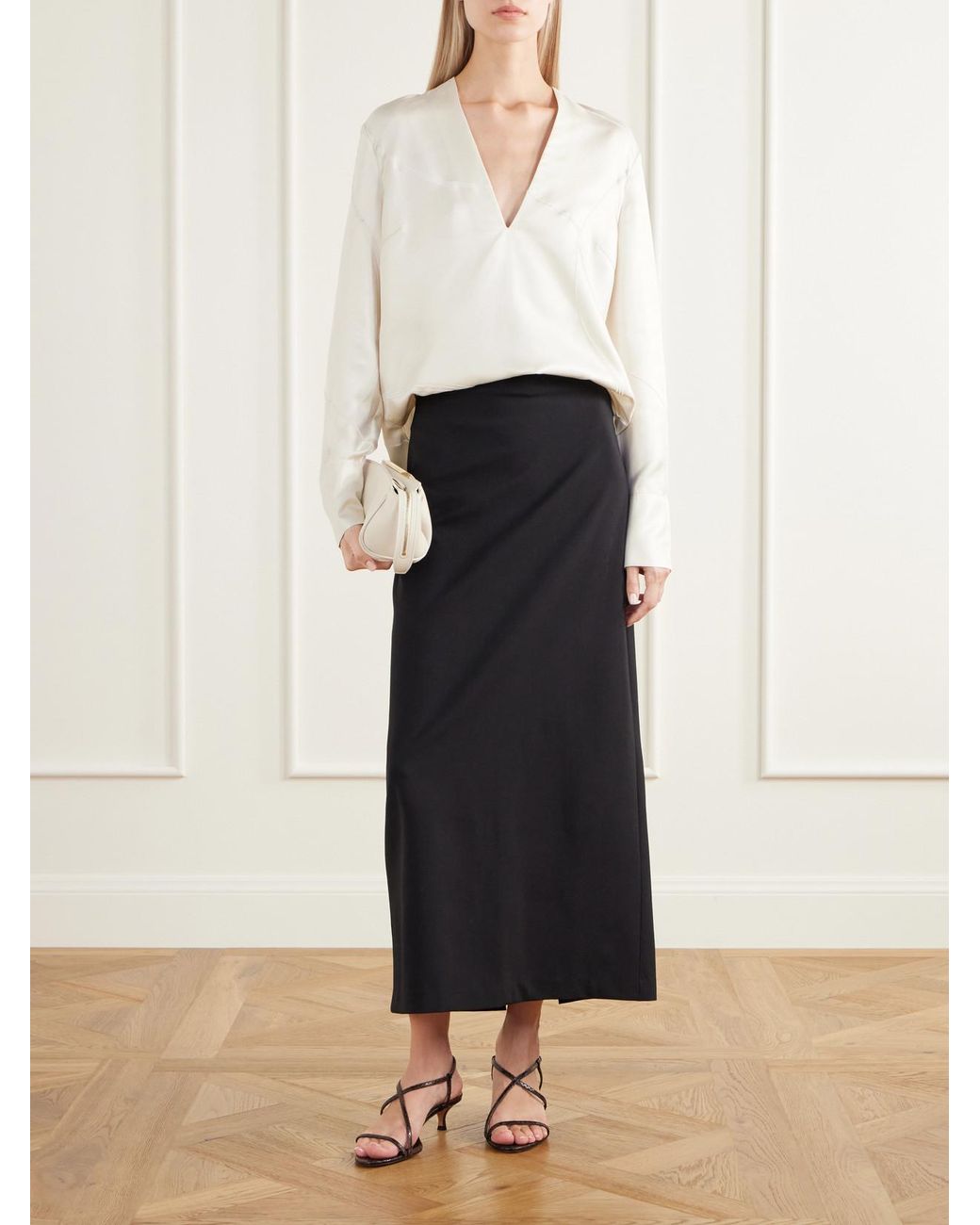 Loulou de Saison White Syla Velvet-Trimmed Silk-Blend Twill Blouse
