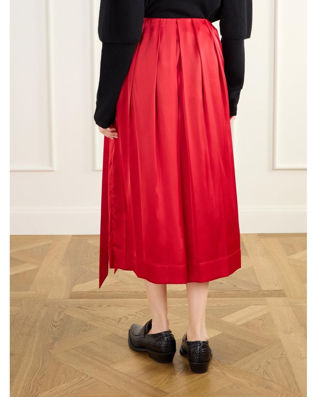 Simone Rocha Red Pleated Sheer Satin Midi Skirt