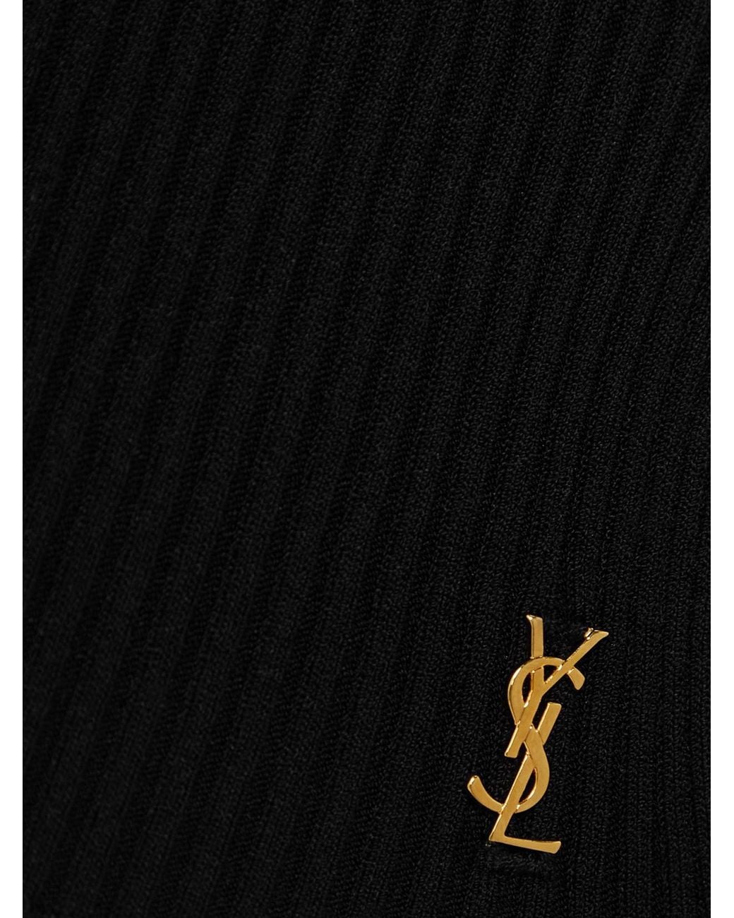 Saint Laurent Black Embellished Ribbed-Knit Polo Sweater