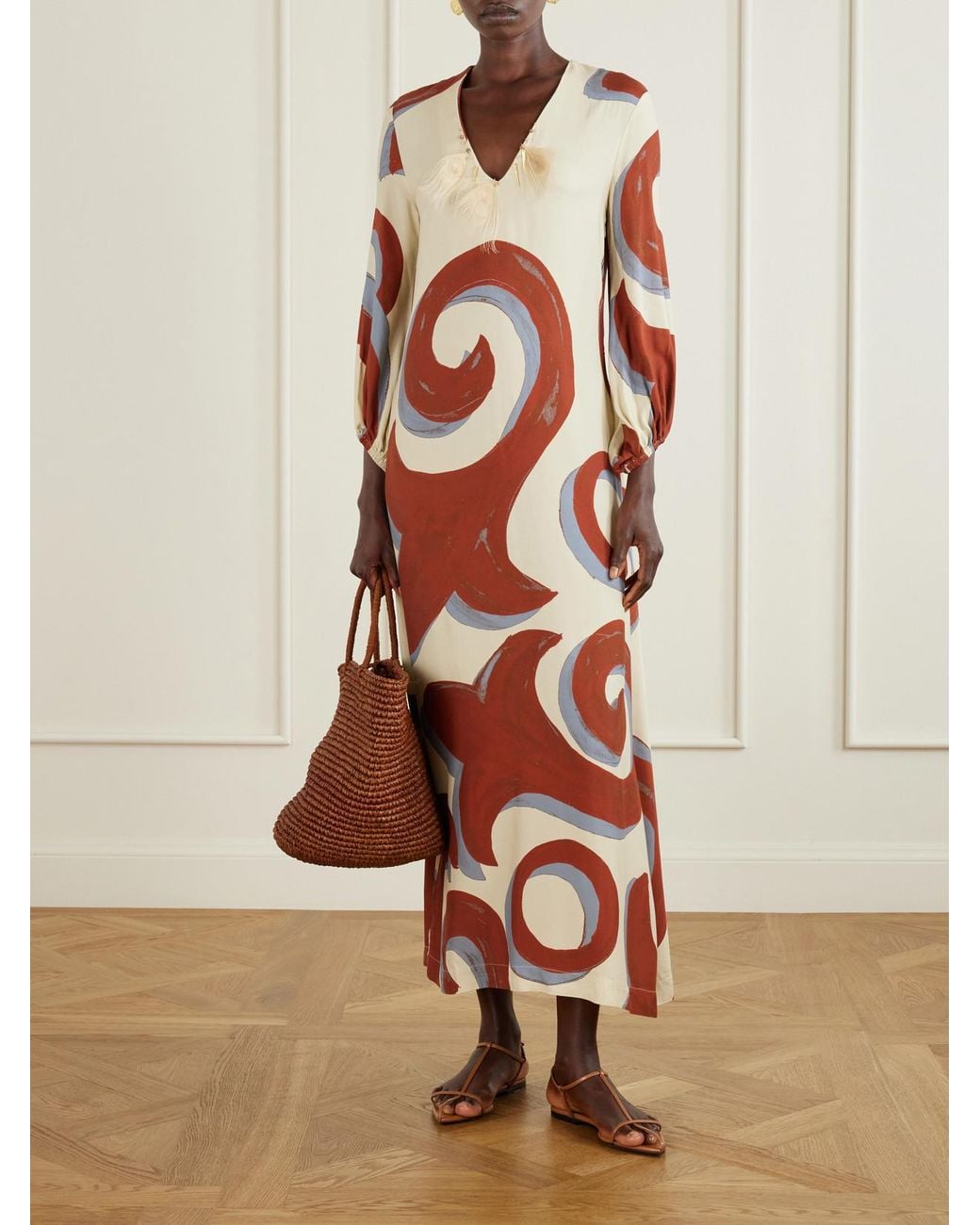 Themis Z White Kyra Feather-Trimmed Printed Crepe Maxi Dress