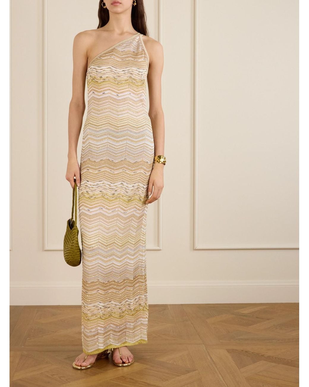 Missoni Natural One-Shoulder Sequin-Embellished Striped Metallic Crochet-Knit Maxi Dress