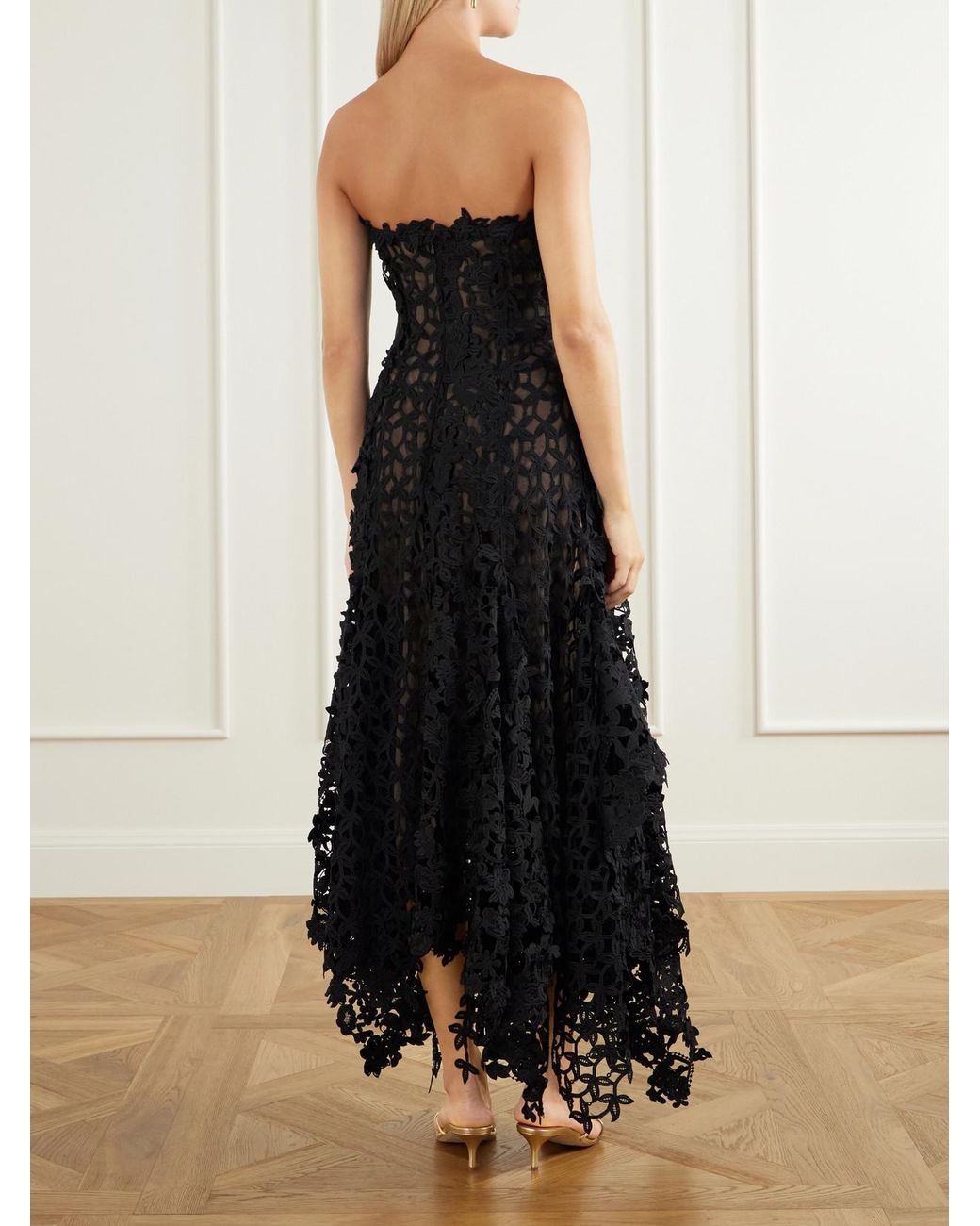 Oscar de la Renta Blue Guipure Lace-Trimmed Mesh Midi Dress