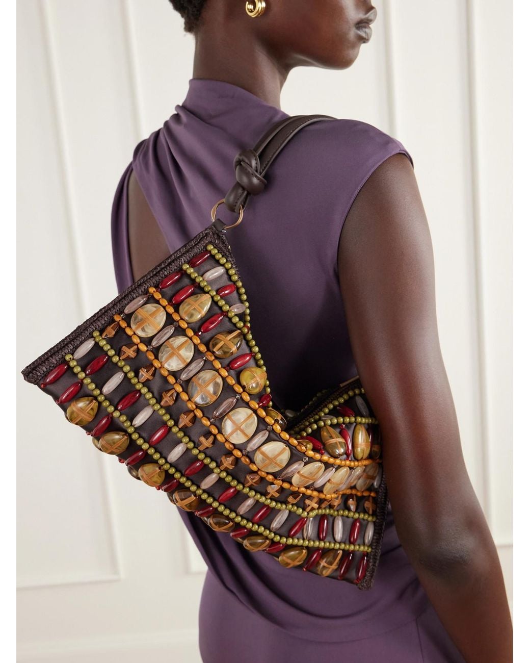 Cult Gaia Brown Hera Bead-Embellished Leather And Raffia-Trimmed Satin Shoulder Bag