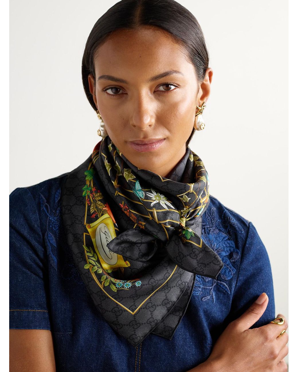 Gucci Green Printed Silk-Twill Scarf