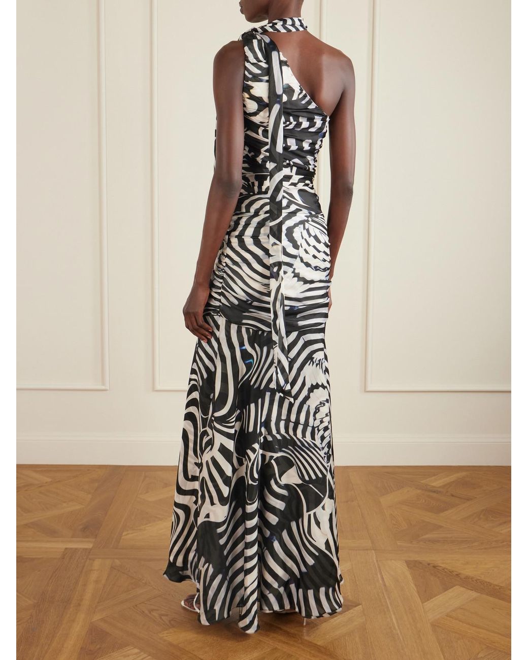 Mary Katrantzou Aliyah One-Shoulder Zebra-Print Chiffon Maxi Dress in White  | Lyst