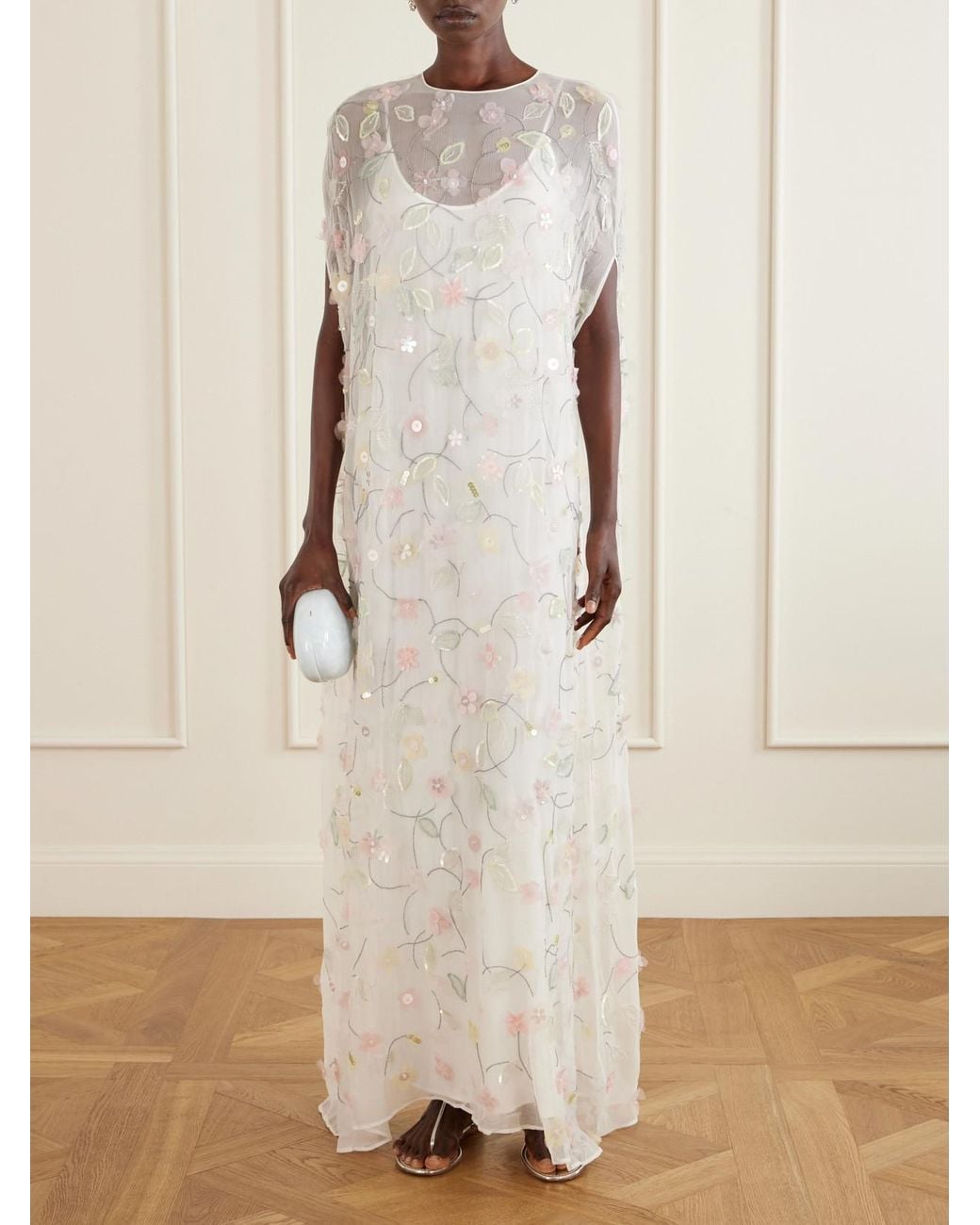 BERNADETTE White Embroidered Sequin-Detailed Recycled Chiffon Gown
