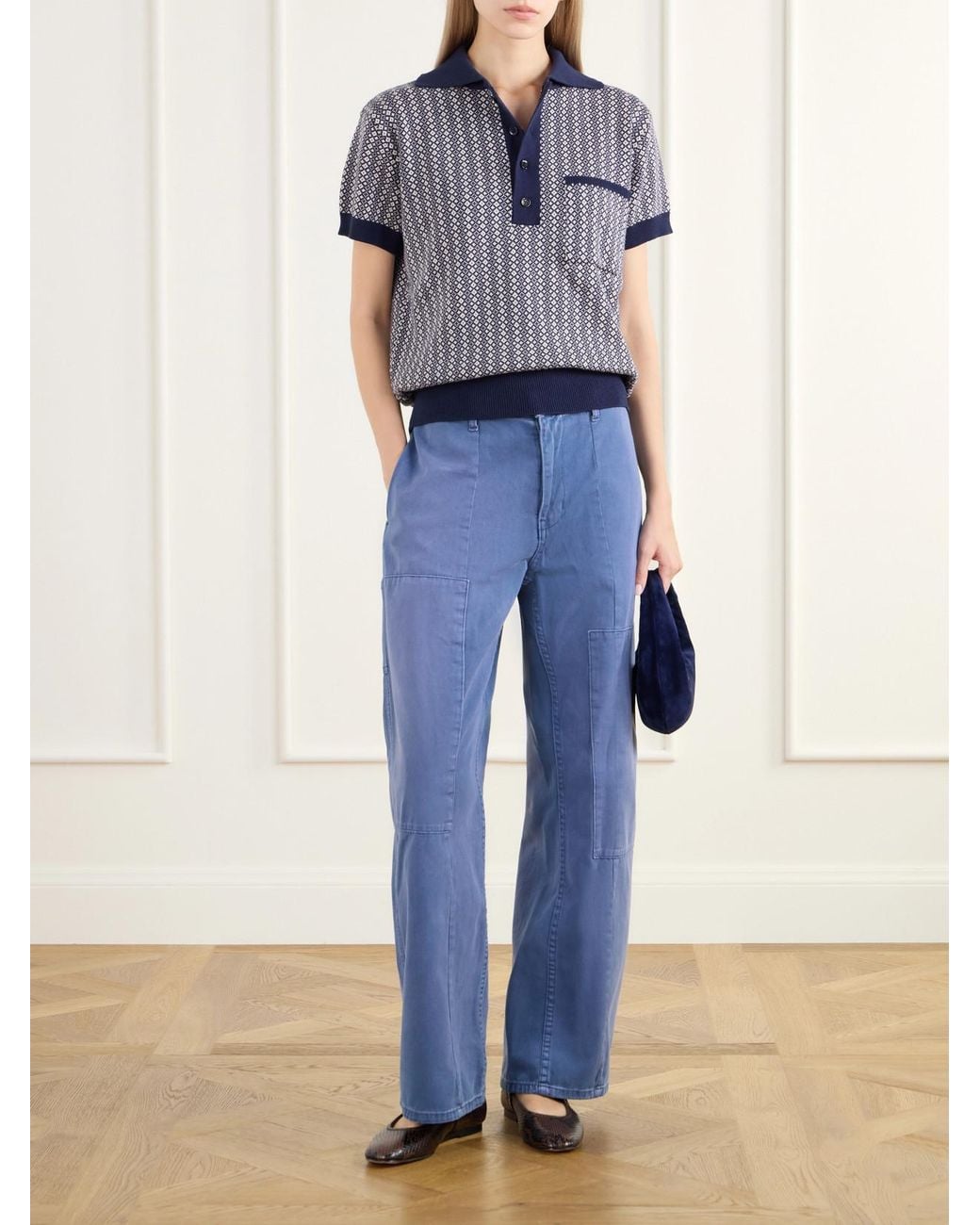 Alix Of Bohemia Blue Lessi Jacquard-Knit Cotton Polo Shirt