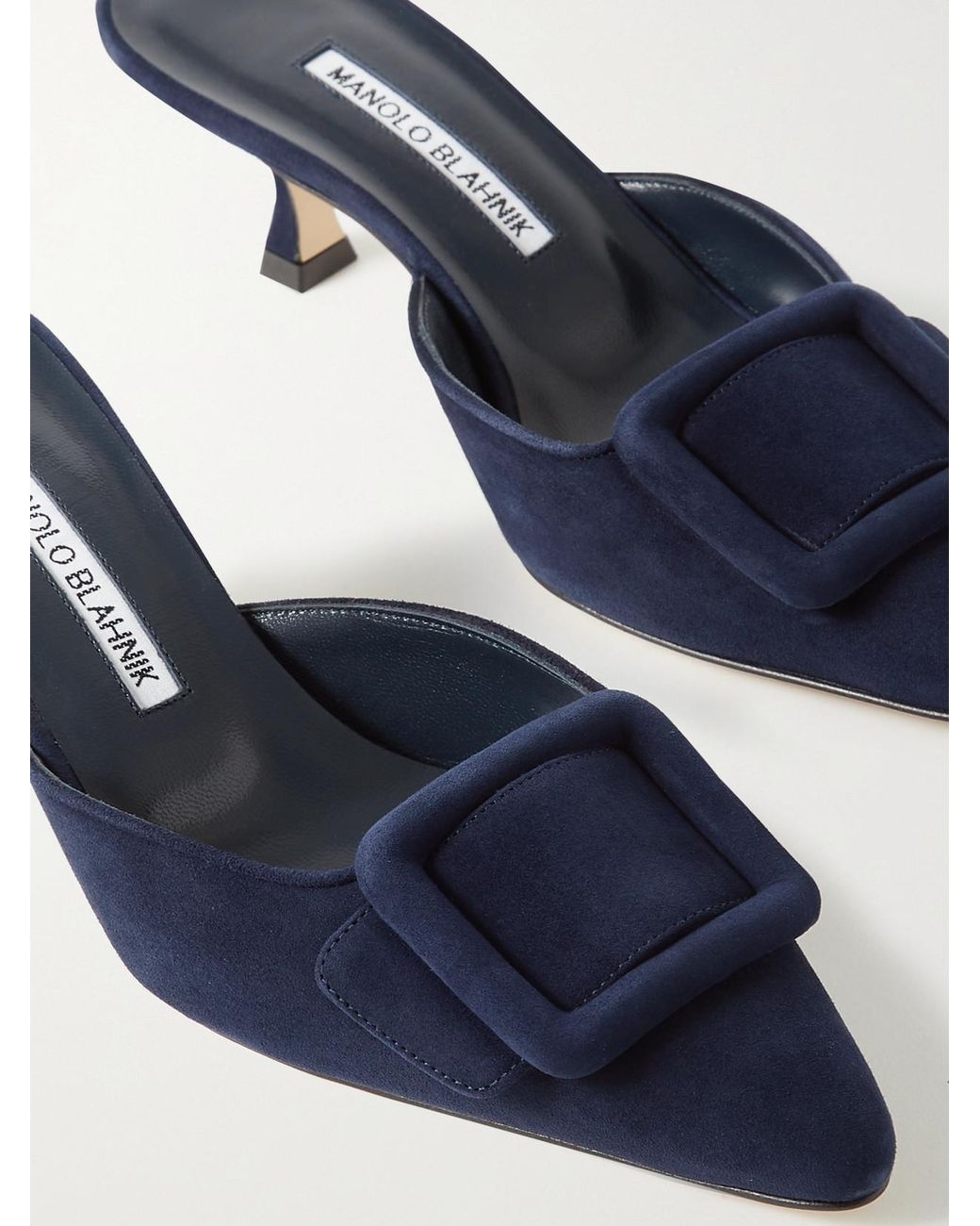 Manolo Blahnik Blue Maysale 50 Buckled Suede Mules