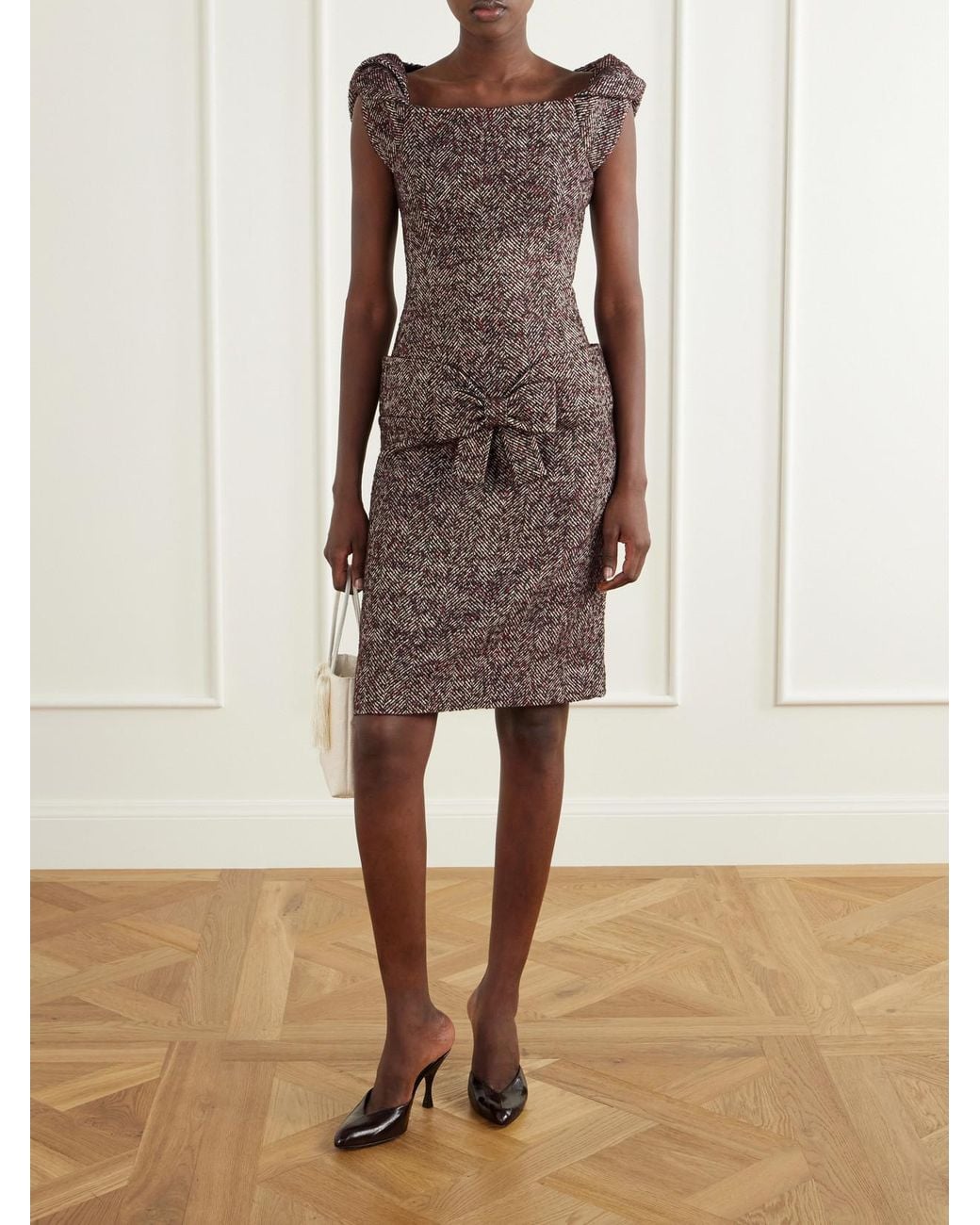 ShuShu/Tong Brown Bow-Detailed Wool-Blend Herringbone Midi Dress