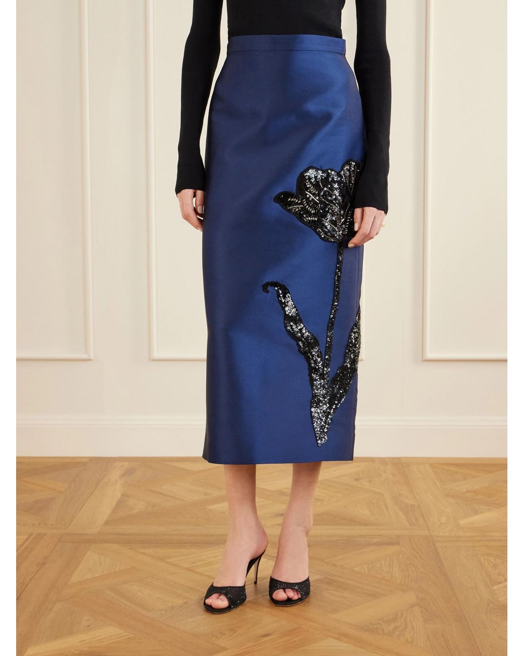 Erdem Blue Sequined Embroidered Satin Midi Skirt