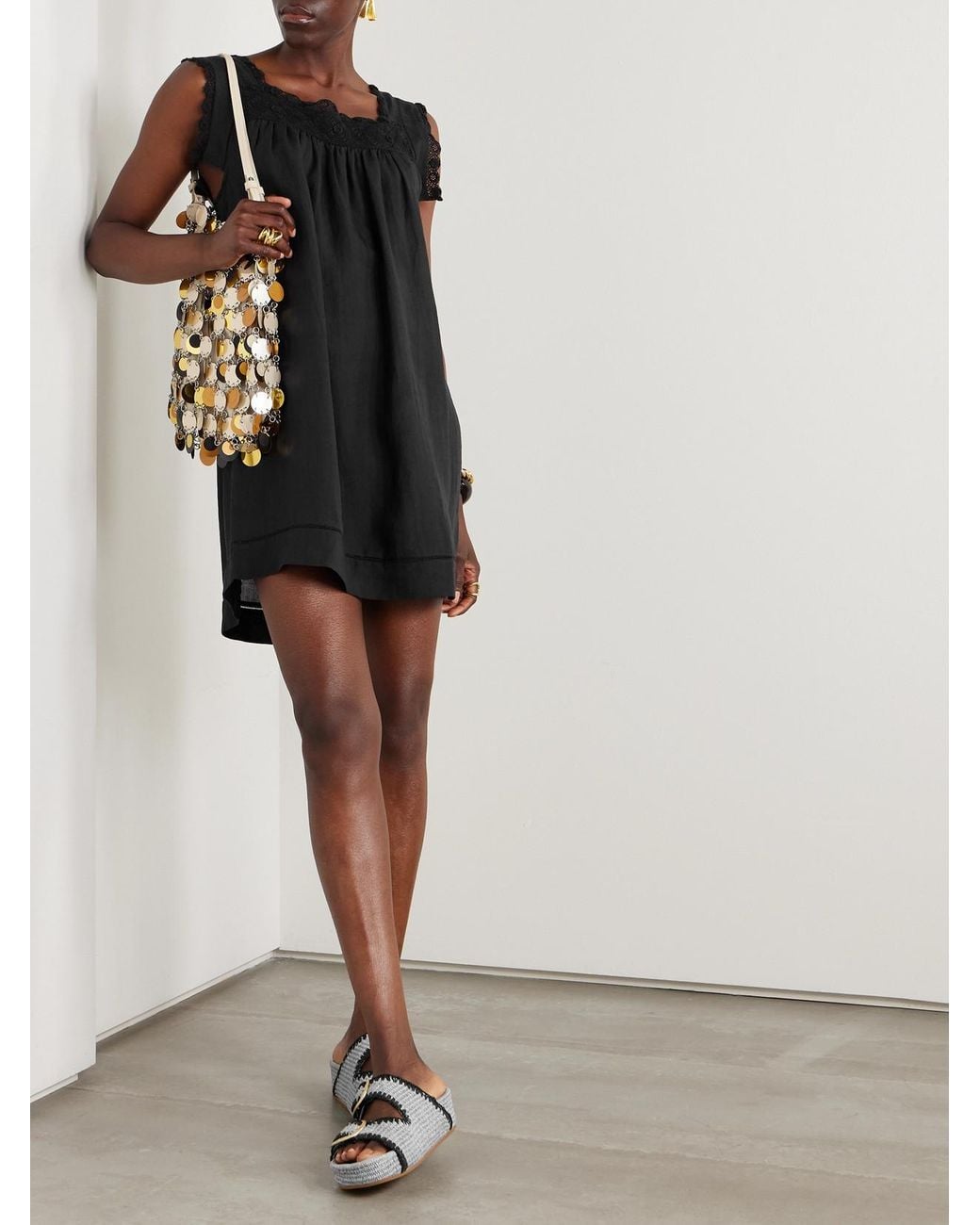 Doen Black Almadia Crochet-Knit Trimmed Ramie Mini Dress