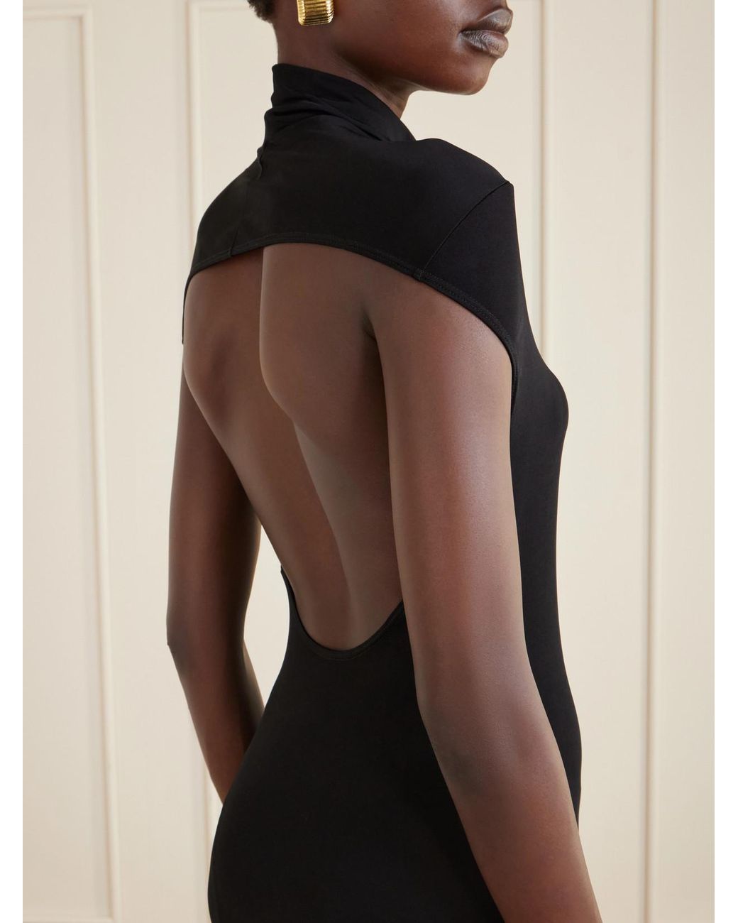 Colleen Allen Black Open-Back Jersey Turtleneck Gown