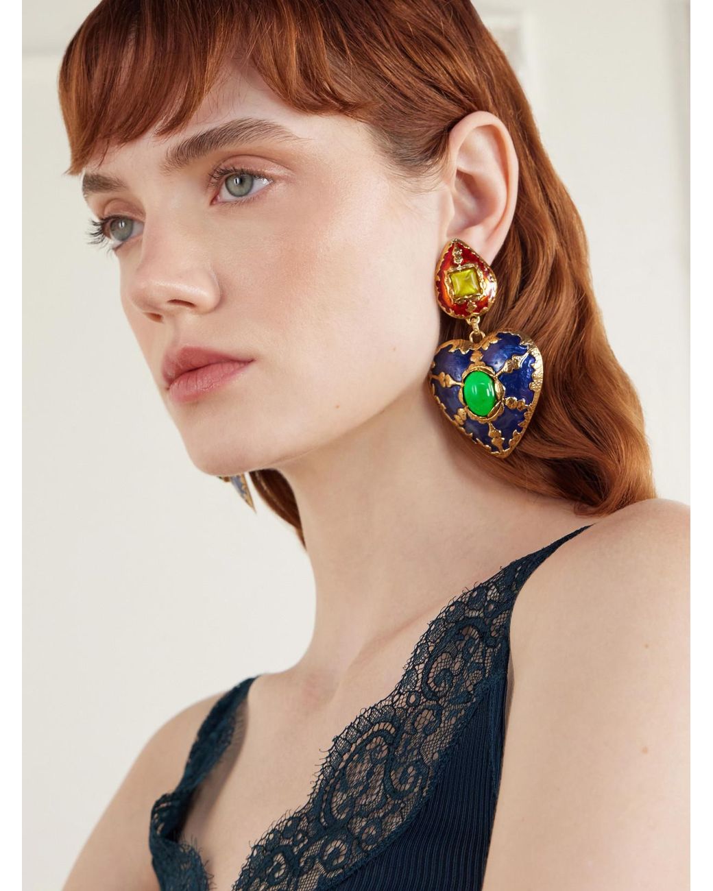 Saint Laurent Blue Bo Coeur-Tone Crystal-Embellished And Enamel Earrings