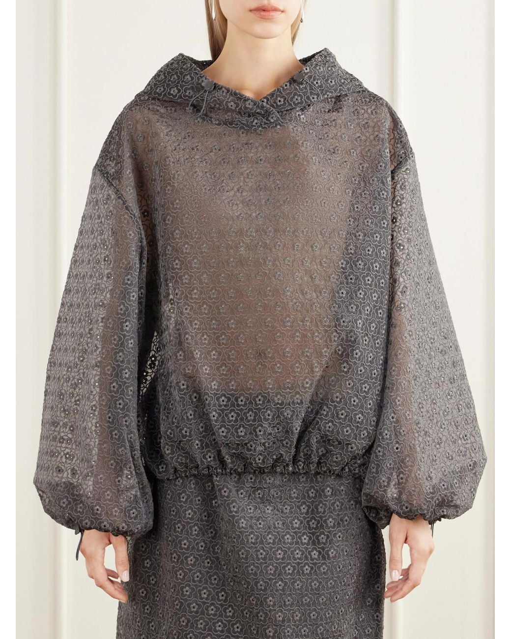 CECILIE BAHNSEN Gray Shila Hooded Drawstring Cotton-Blend Floral-Lace Jacket