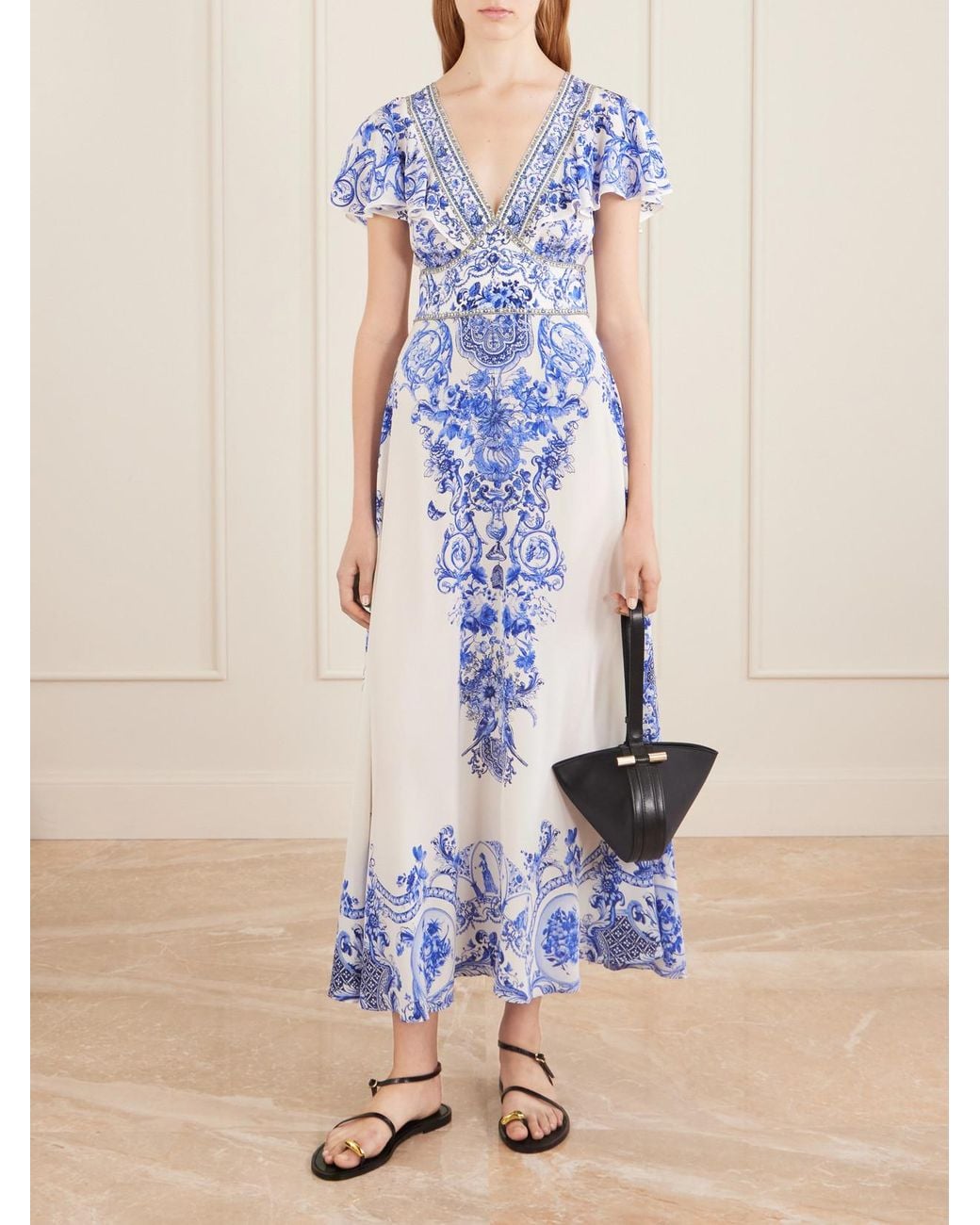 Camilla Blue Embellished Printed Ruffled Silk-Crepe Midi Dress