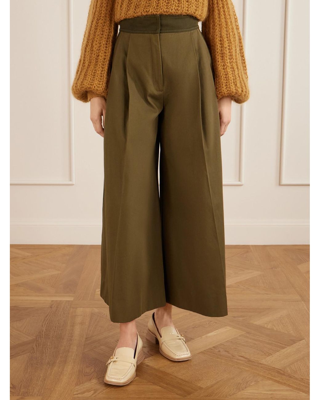 Zimmermann Green Valiant Pleated Cotton-Twill Wide-Leg Pants