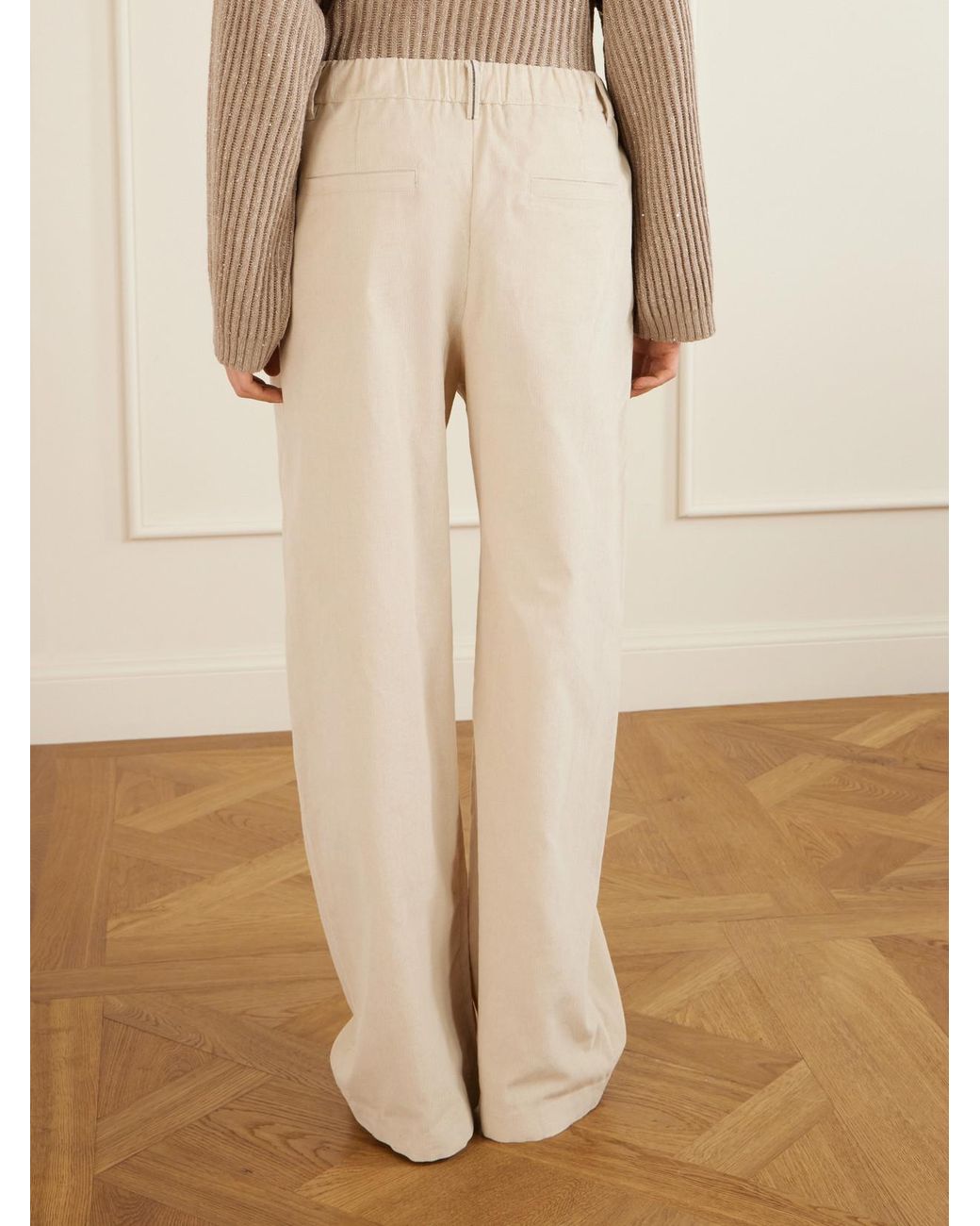 Brunello Cucinelli Natural Pleated Cotton, Lyocell And Cashmere-Blend Corduroy Wide-Leg Pants