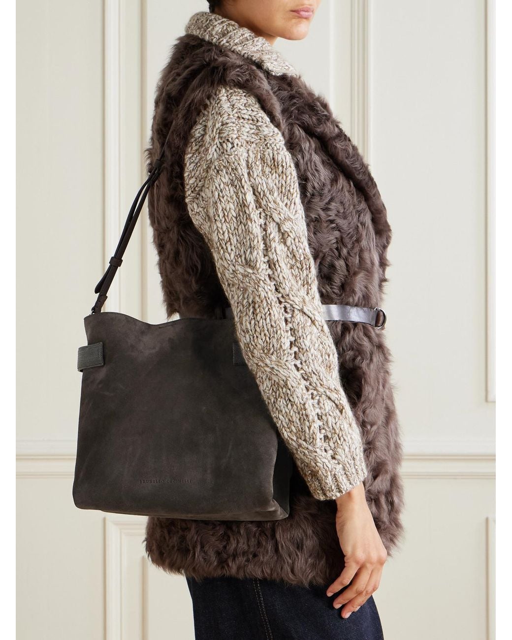 Brunello Cucinelli Black Bead-Embellished Suede Shoulder Bag