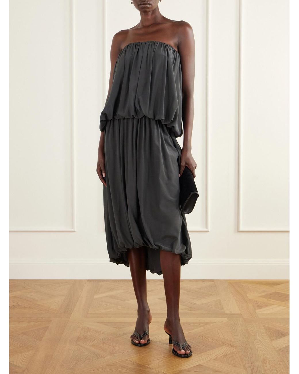 St. Agni Black Balloon Gathered Chiffon Midi Skirt