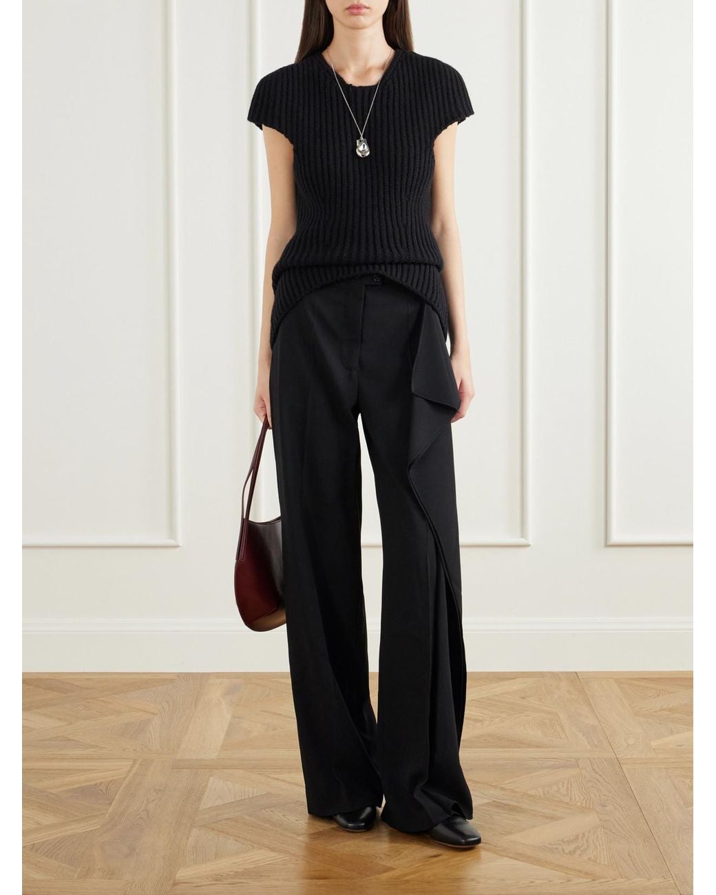 Jil Sander Black Draped Wool-Sablé Wide-Leg Pants