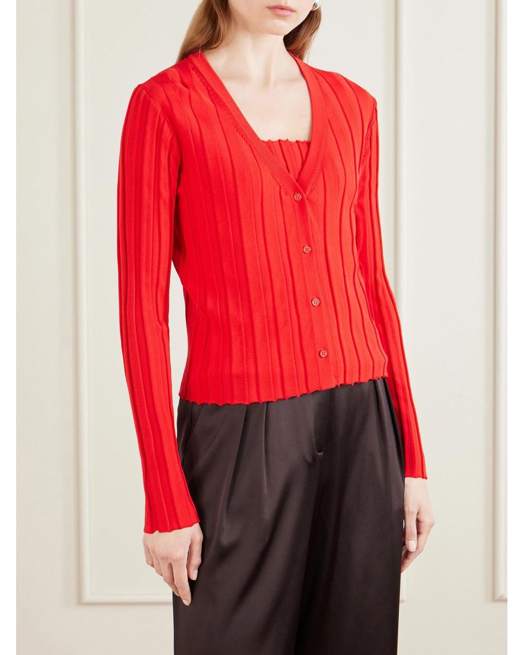 Staud Red Ezra Ribbed Jersey Cardigan