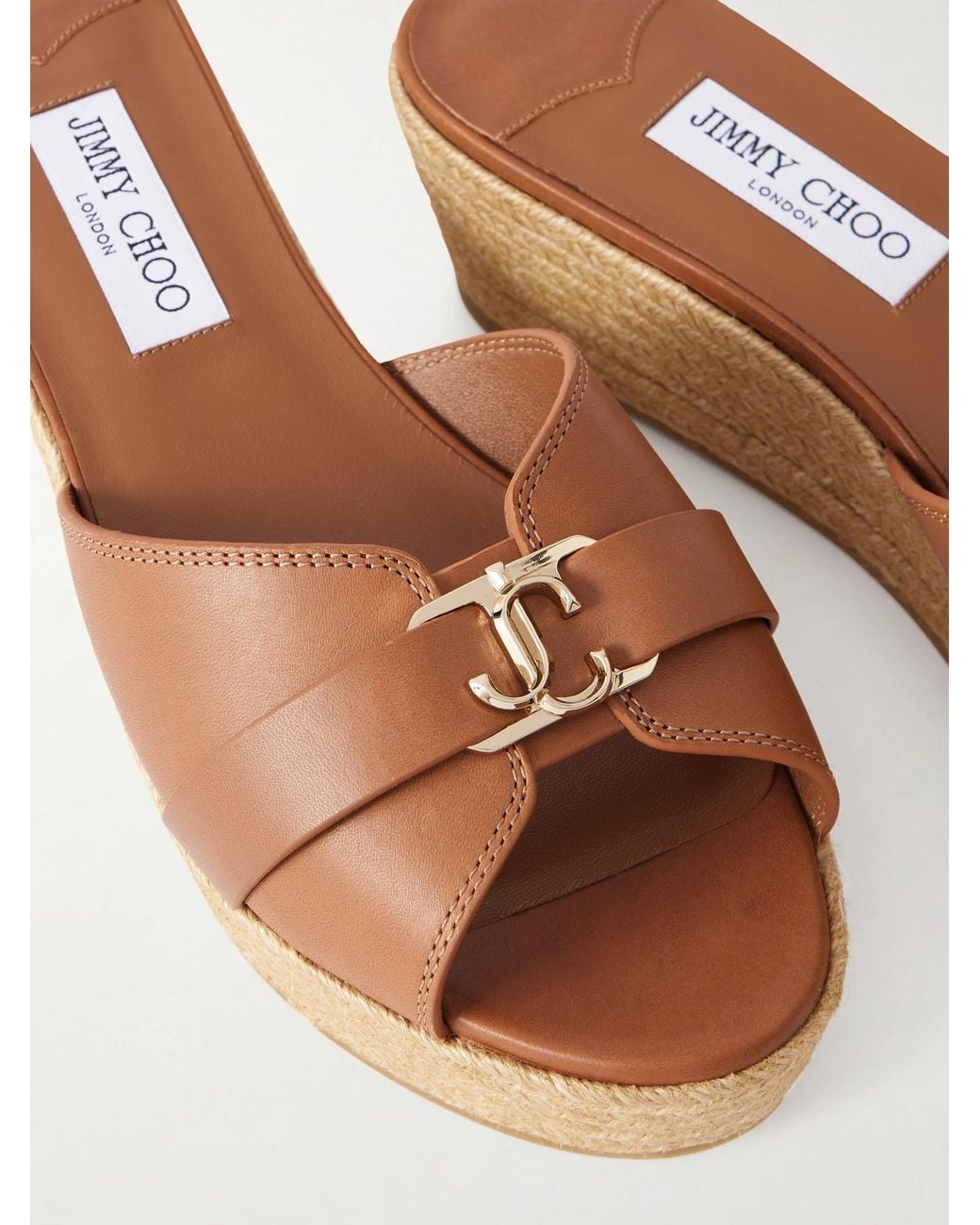 Jimmy Choo Natural Leda Logo-Embellished Leather Platform Espadrilles