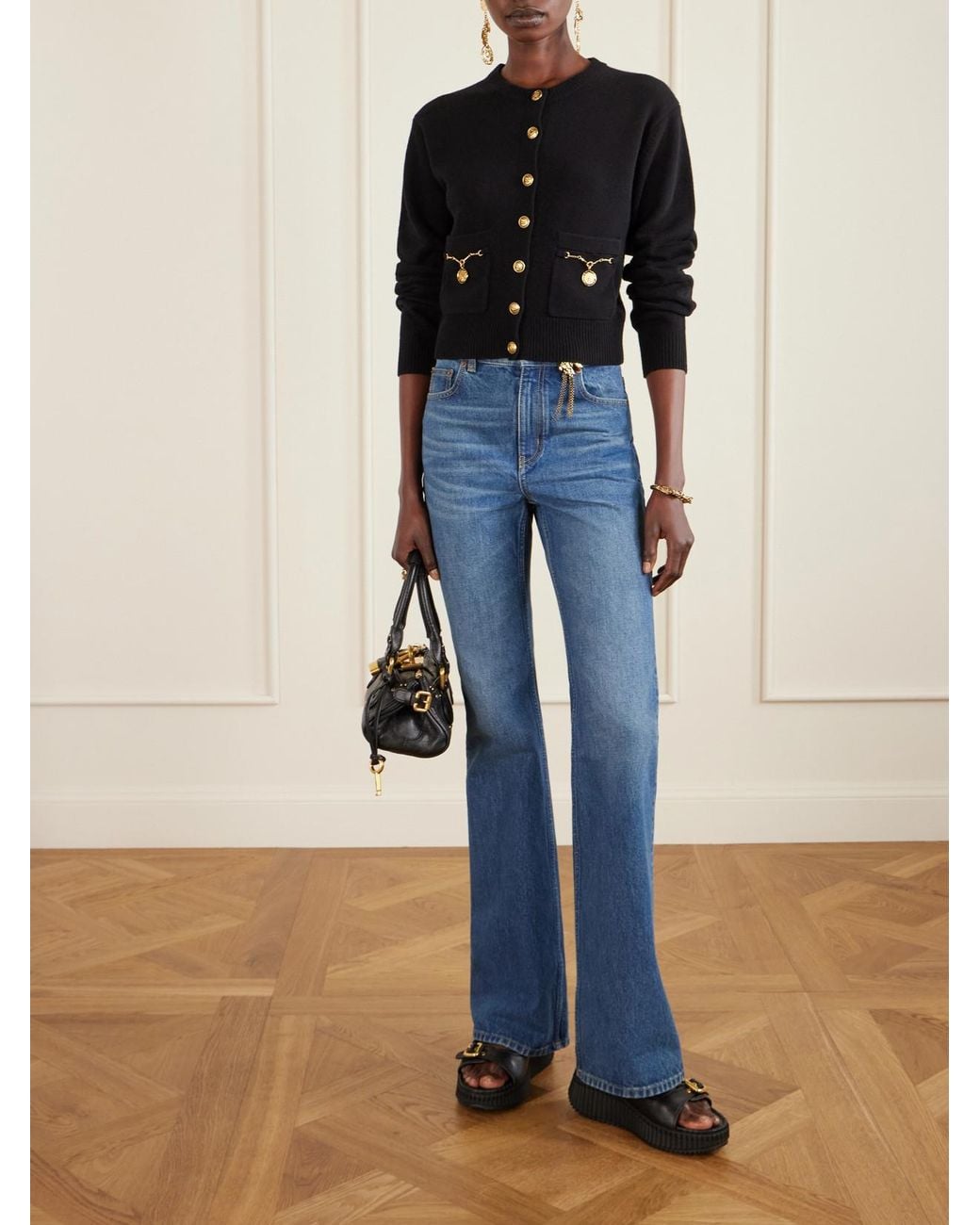 Chloé Black Nama Buckled Leather Wedge Sandals