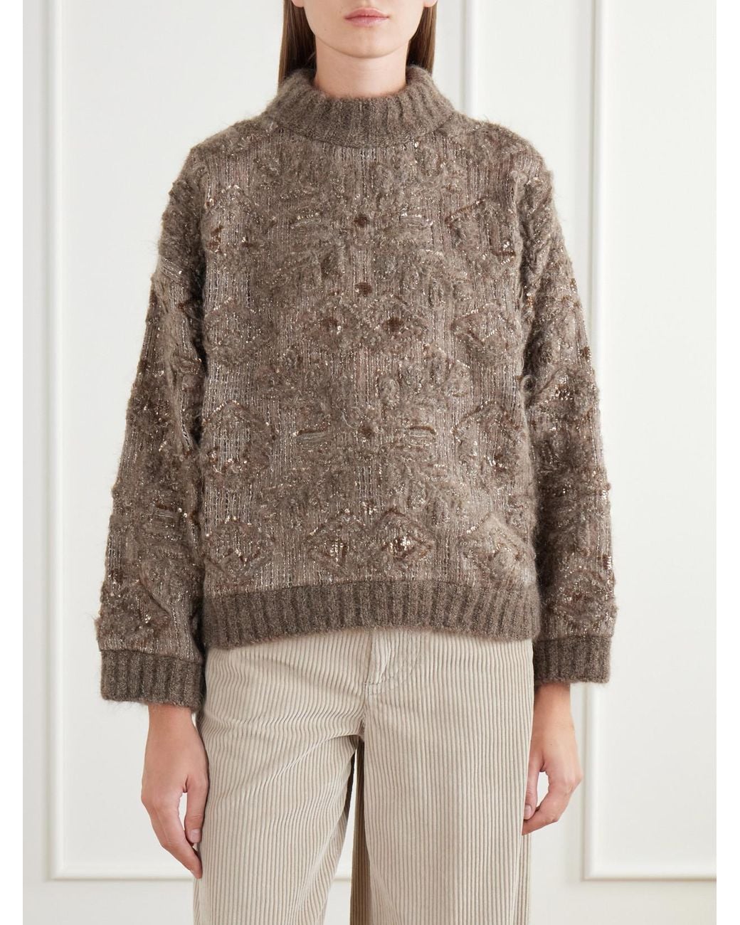 Brunello Cucinelli Brown Sequin-Embellished Jacquard Sweater