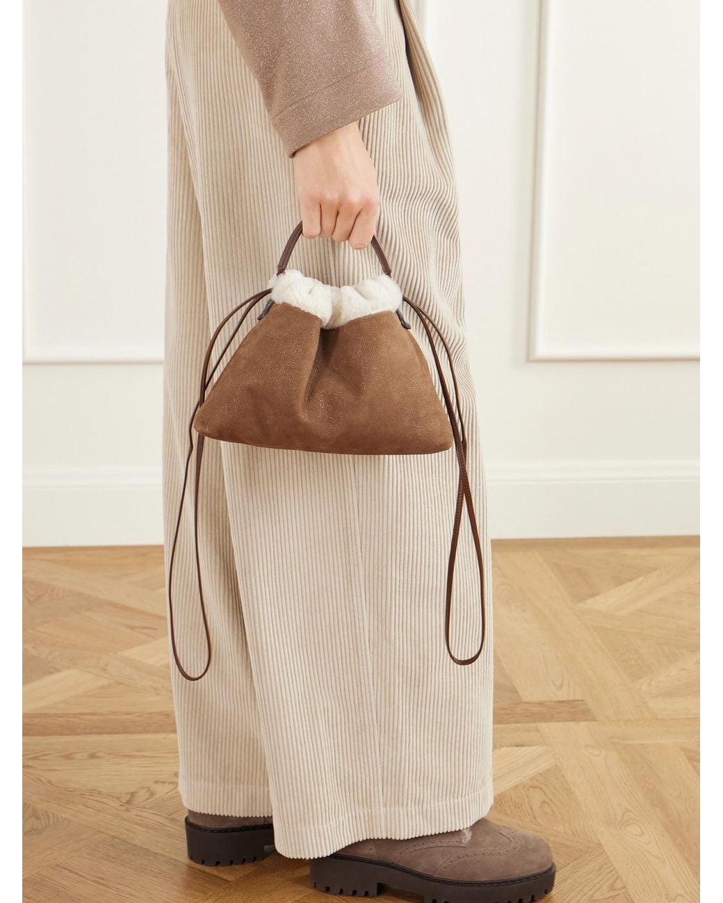 Brunello Cucinelli Brown Bead-Embellished Shearling-Trimmed Full-Grain Leather Clutch