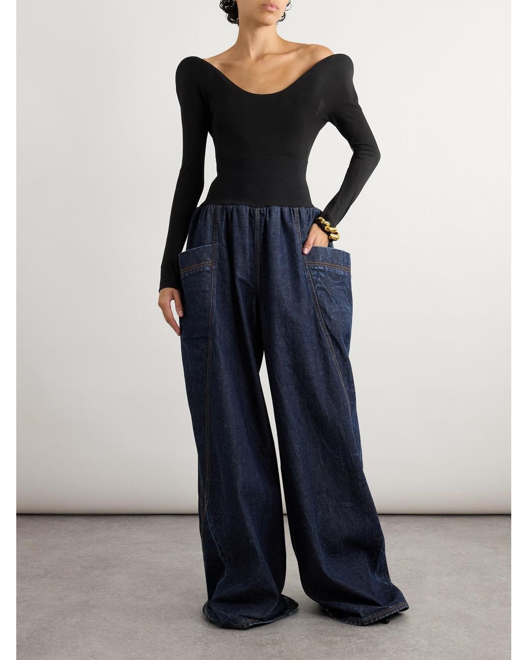 Alaïa Black Open-Back Padded Jersey Bodysuit