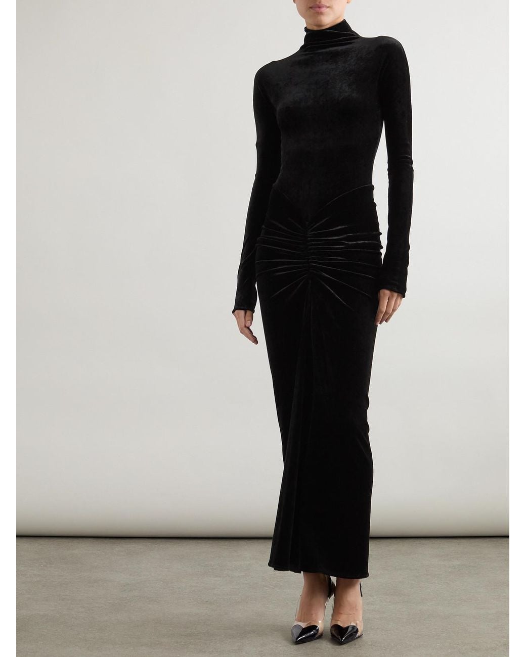 Alaïa Black Ruched Crushed-Velvet Turtleneck Midi Dress
