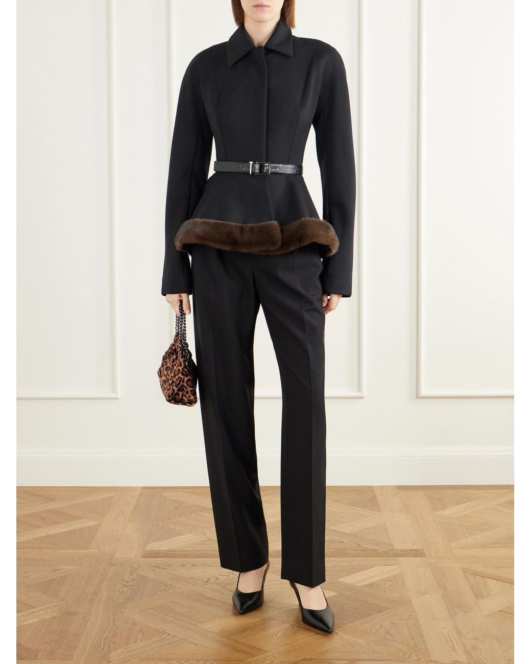 Stella McCartney Black Plush-Trimmed Twill Peplum Jacket