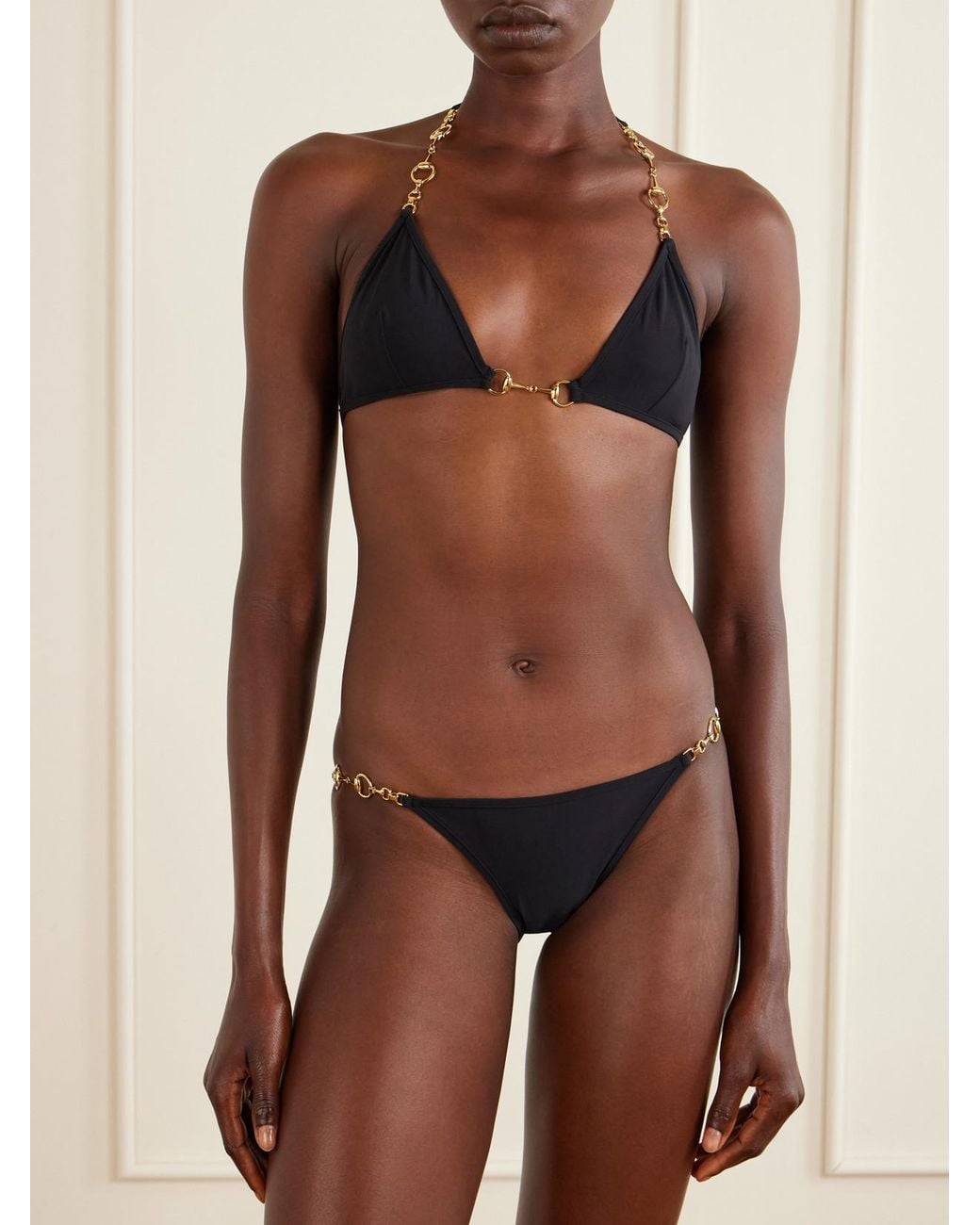 Gucci Black Horsebit Embellished Triangle Bikini