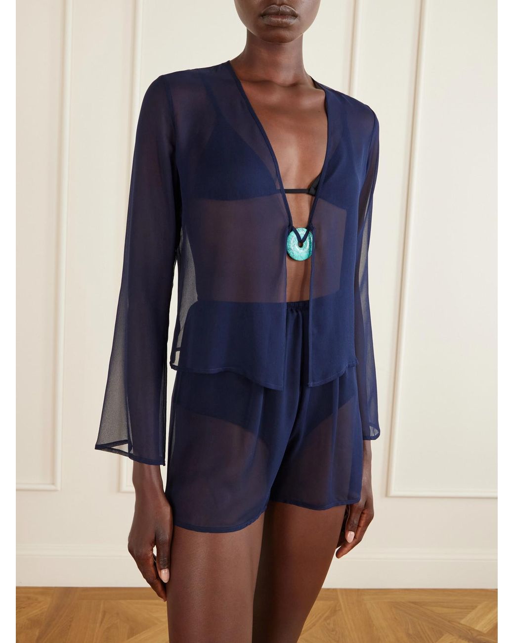 SARA CRISTINA Blue Nerea Pearl-Embellished Silk-Chiffon Blouse