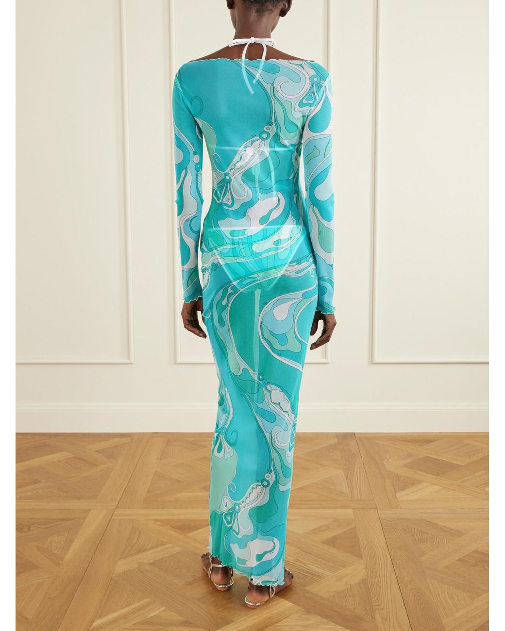 Emilio Pucci Blue Ruffled Printed Tulle Maxi Dress