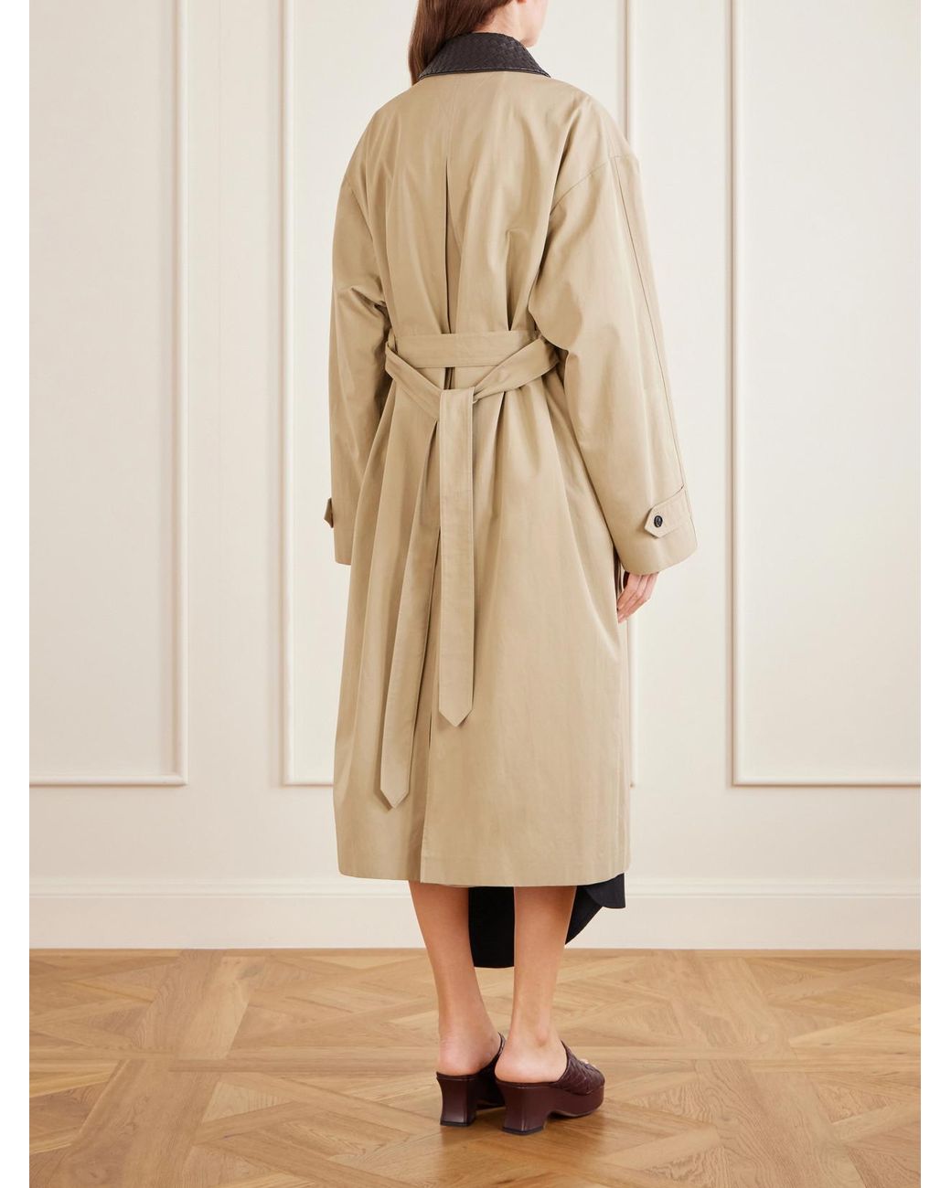 Bottega Veneta Natural Belted Intrecciato Leather-Trimmed Coated Cotton Trench Coat